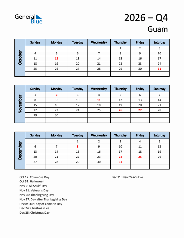 Free Q4 2026 Calendar for Guam - Sunday Start