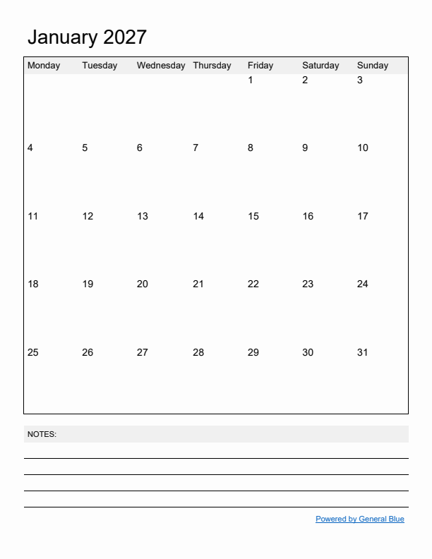 Basic Monthly Calendar Template for January 2027