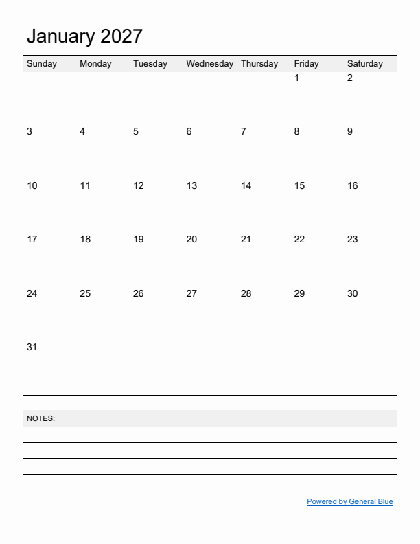 Basic Monthly Calendar Template for January 2027