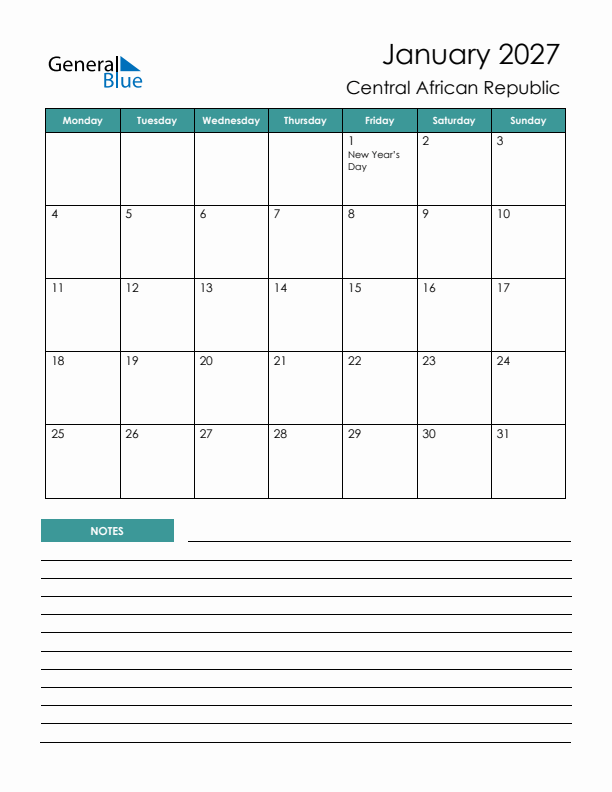 Calendar with Notes Printable - Monday Start