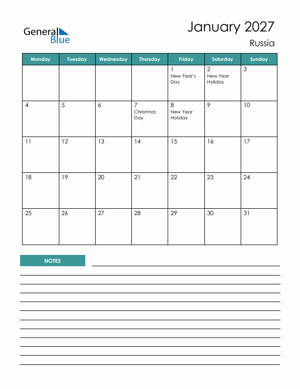 Calendar with Notes Printable - Monday Start