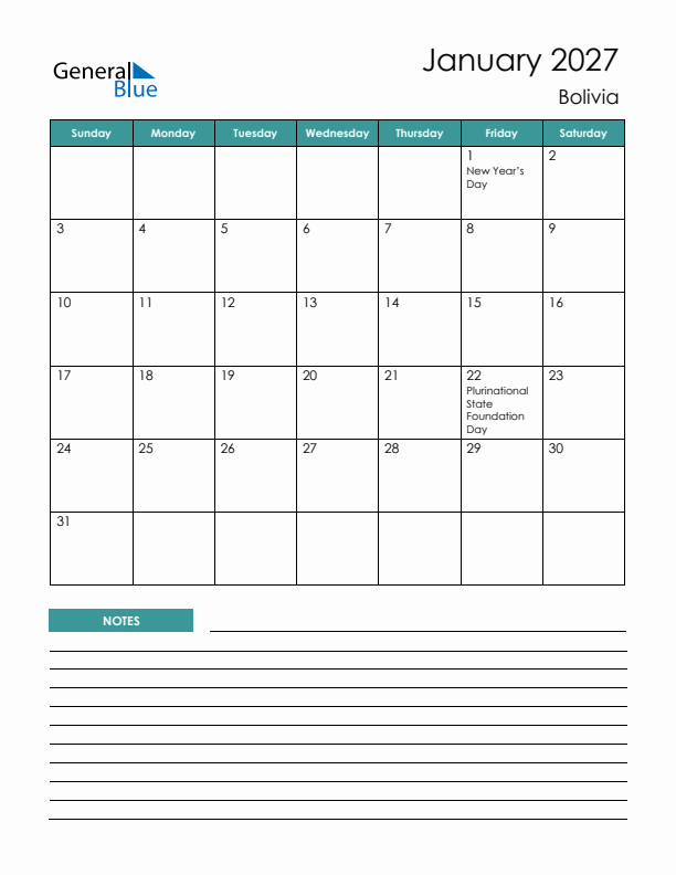 Calendar with Notes Printable - Sunday Start