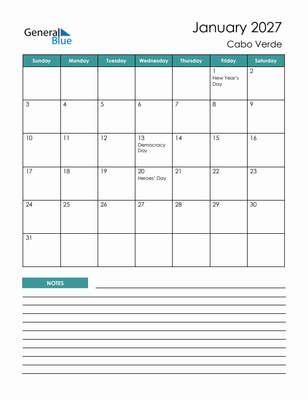 Calendar with Notes Printable - Sunday Start