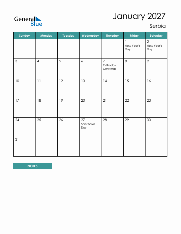 Calendar with Notes Printable - Sunday Start