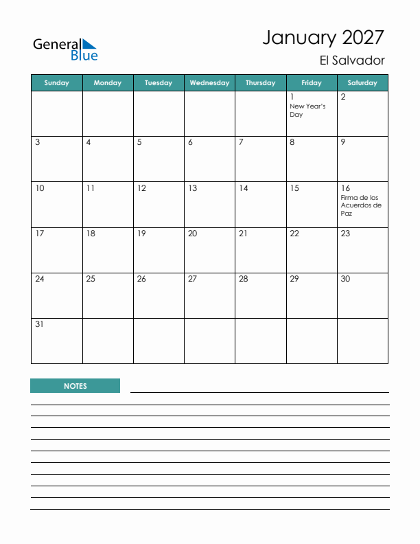 Calendar with Notes Printable - Sunday Start