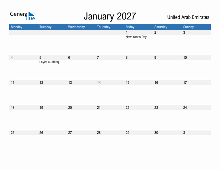 Fillable January 2027 Calendar