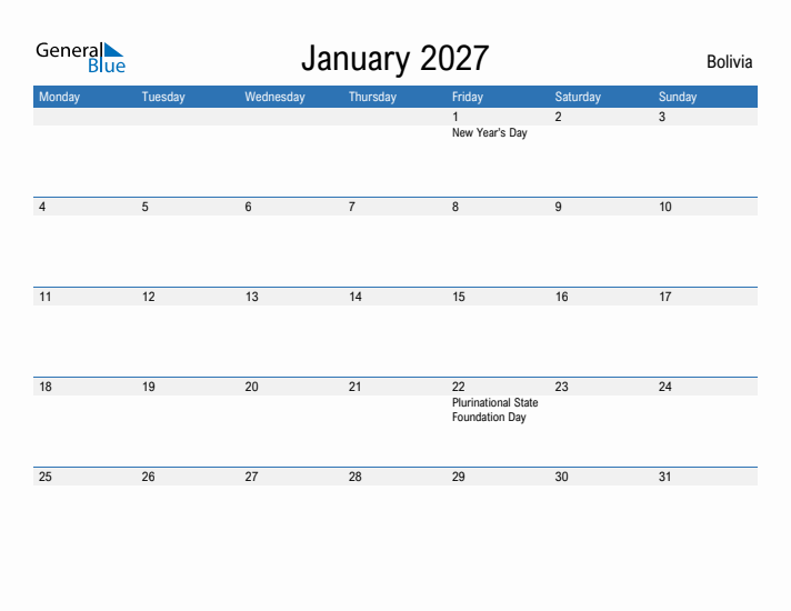 Fillable January 2027 Calendar