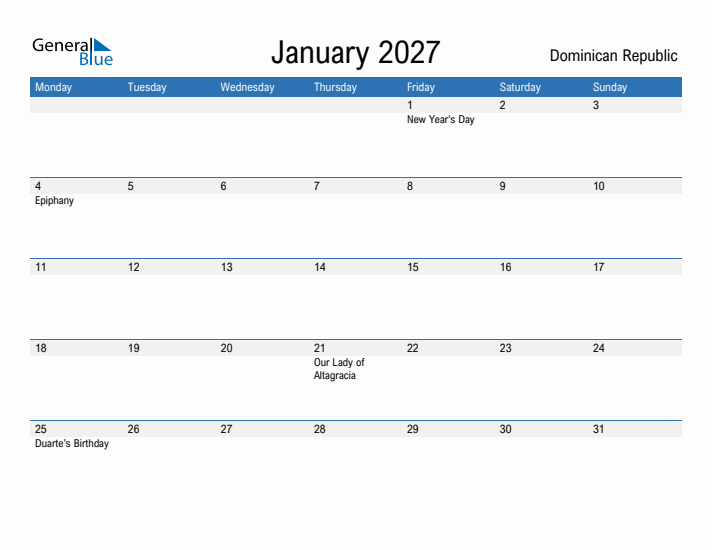 Fillable January 2027 Calendar