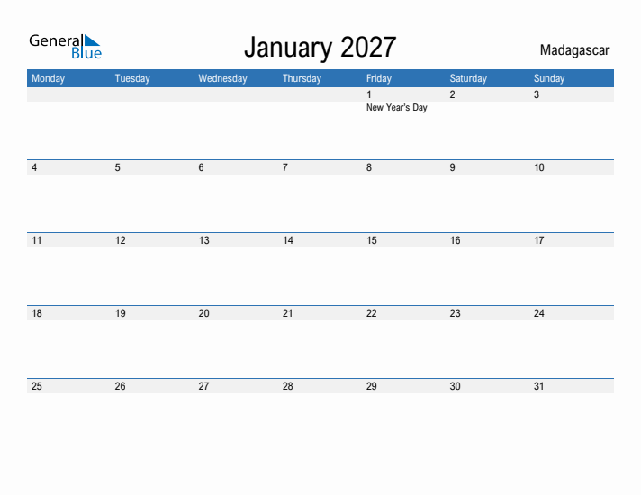 Fillable January 2027 Calendar