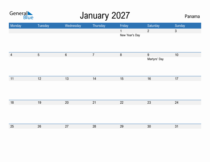 Fillable January 2027 Calendar