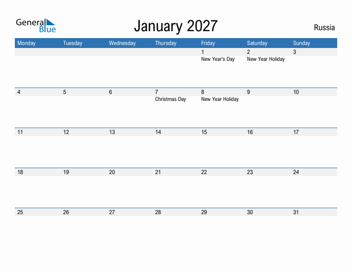 Fillable January 2027 Calendar