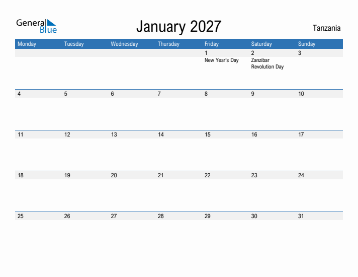 Fillable January 2027 Calendar