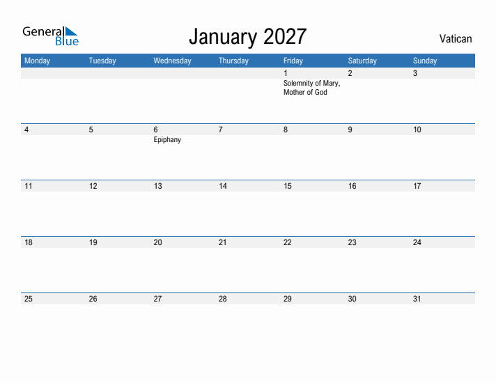 Fillable January 2027 Calendar