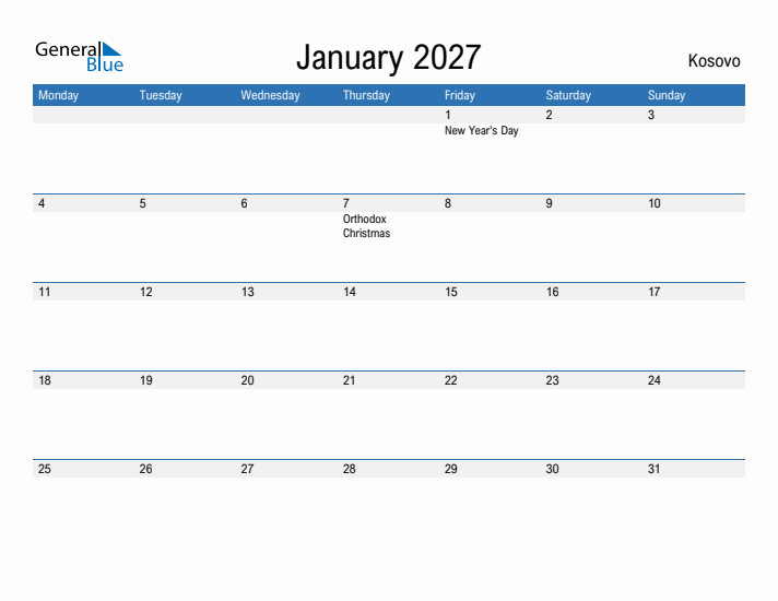 Fillable January 2027 Calendar