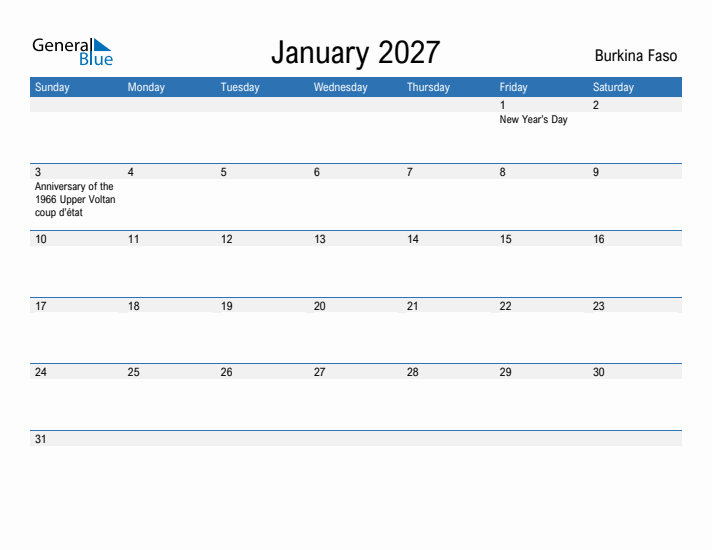 Fillable January 2027 Calendar