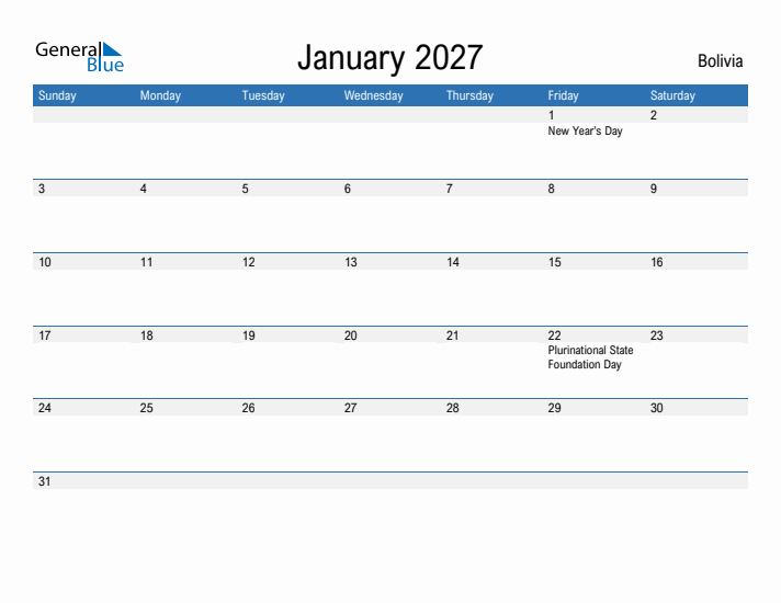 Fillable January 2027 Calendar