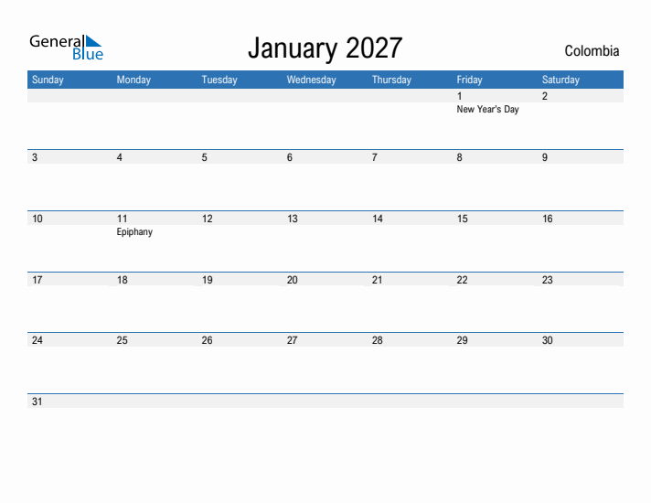 Fillable January 2027 Calendar