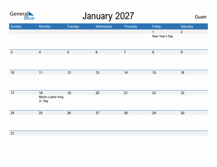 Fillable January 2027 Calendar