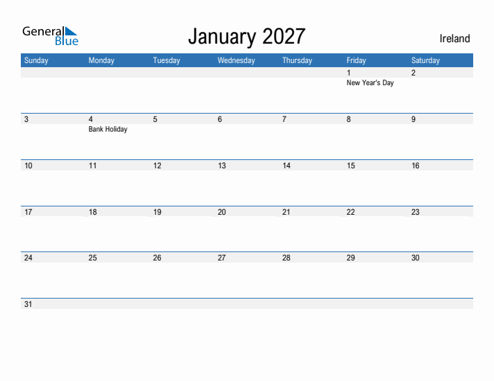 Fillable January 2027 Calendar