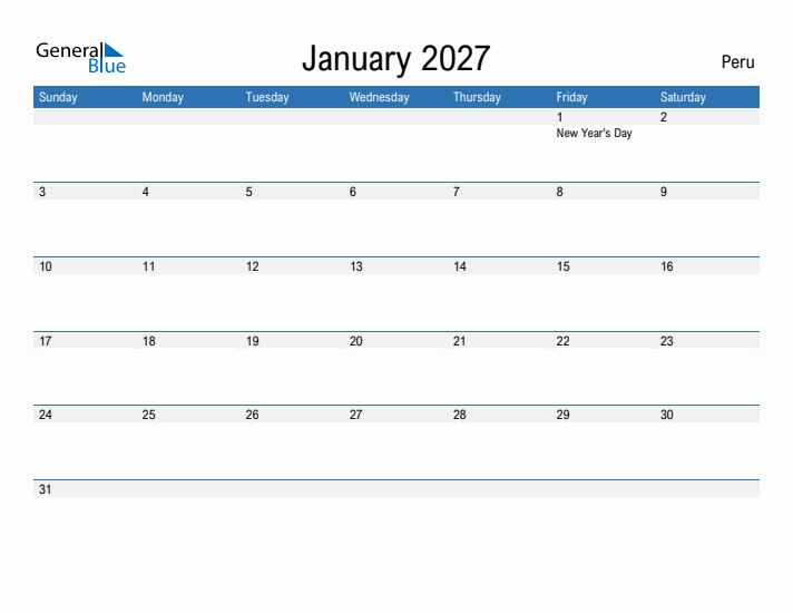 Fillable January 2027 Calendar