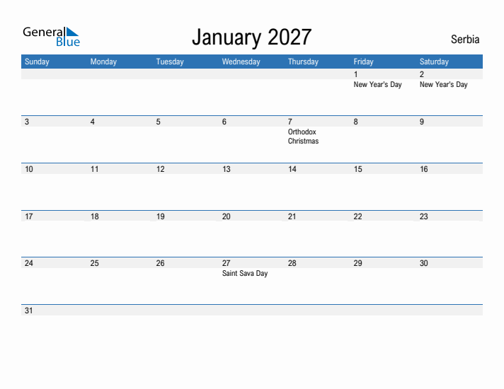 Fillable January 2027 Calendar