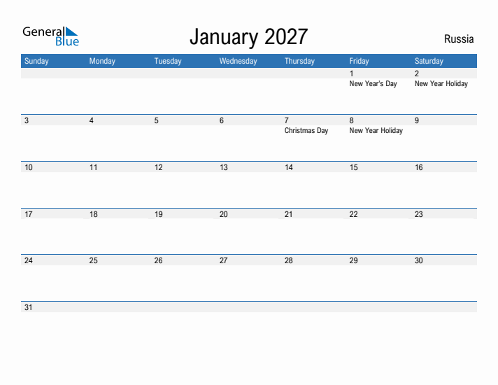 Fillable January 2027 Calendar