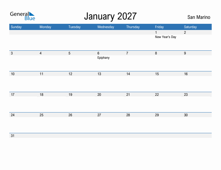 Fillable January 2027 Calendar