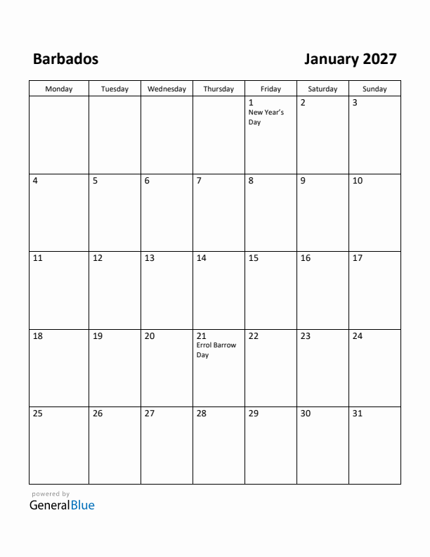 January 2027 Calendar with Barbados Holidays