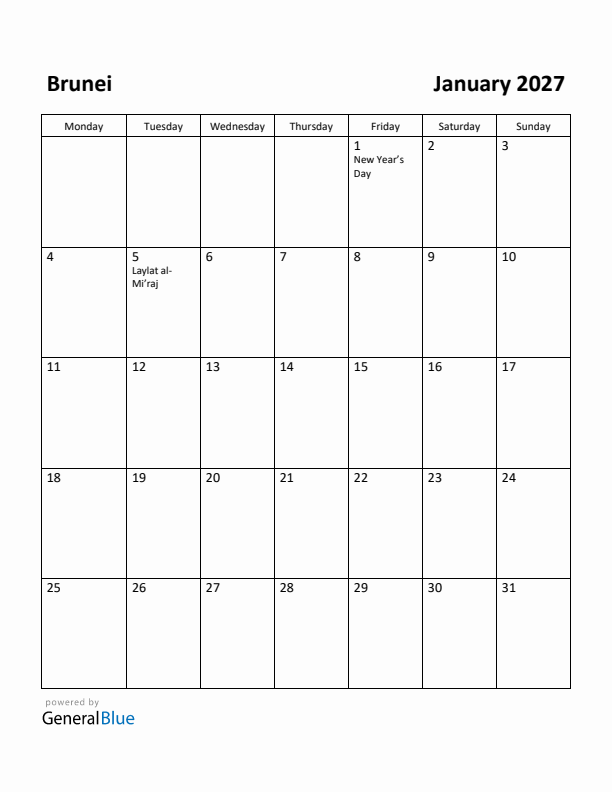 January 2027 Calendar with Brunei Holidays