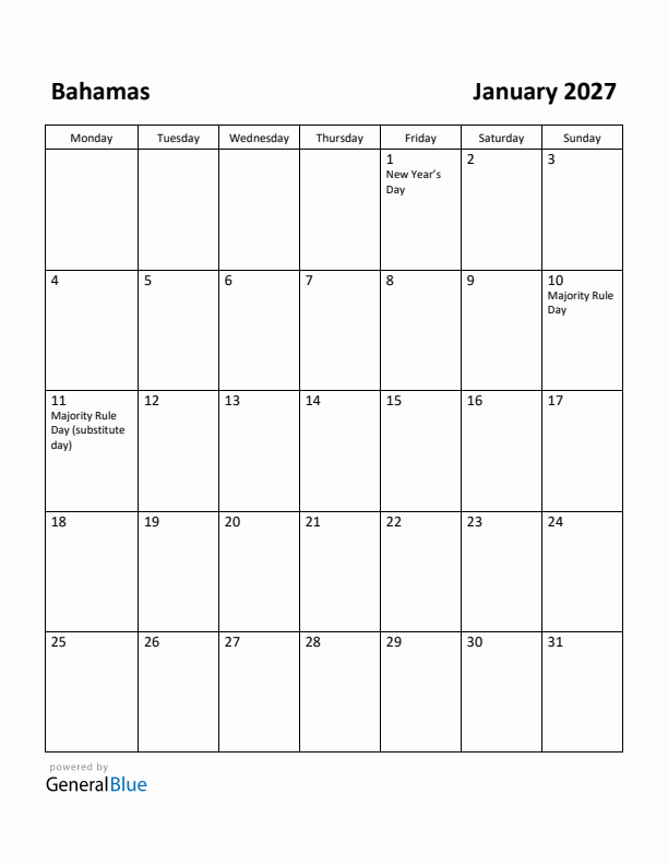 January 2027 Calendar with Bahamas Holidays