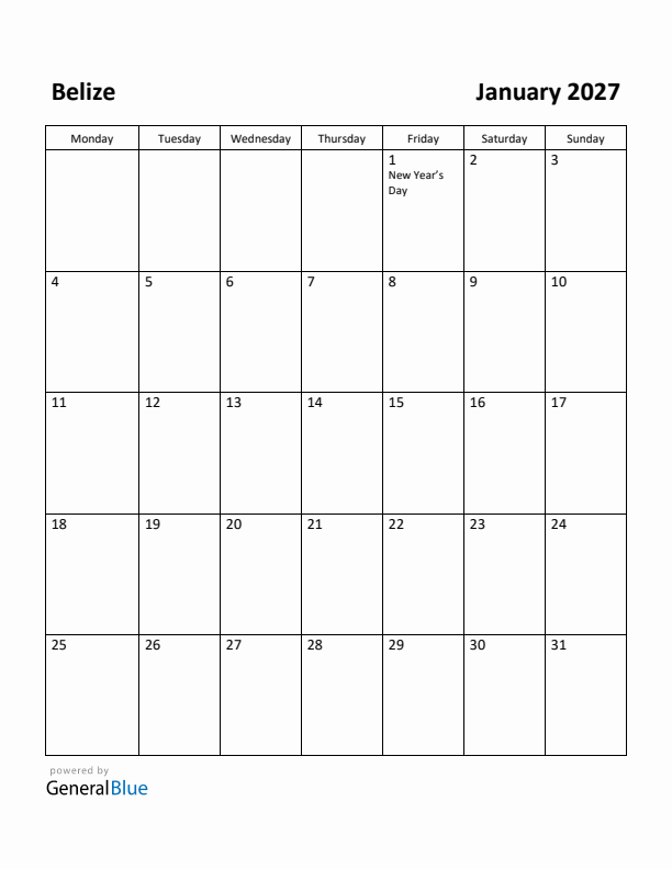 January 2027 Calendar with Belize Holidays