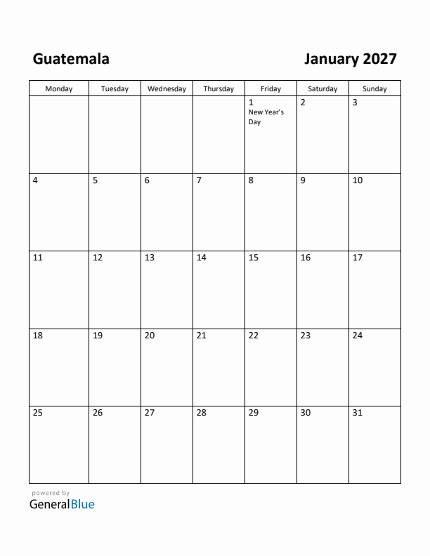 January 2027 Calendar with Guatemala Holidays