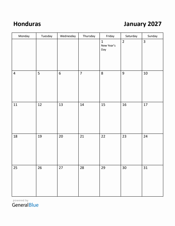 January 2027 Calendar with Honduras Holidays