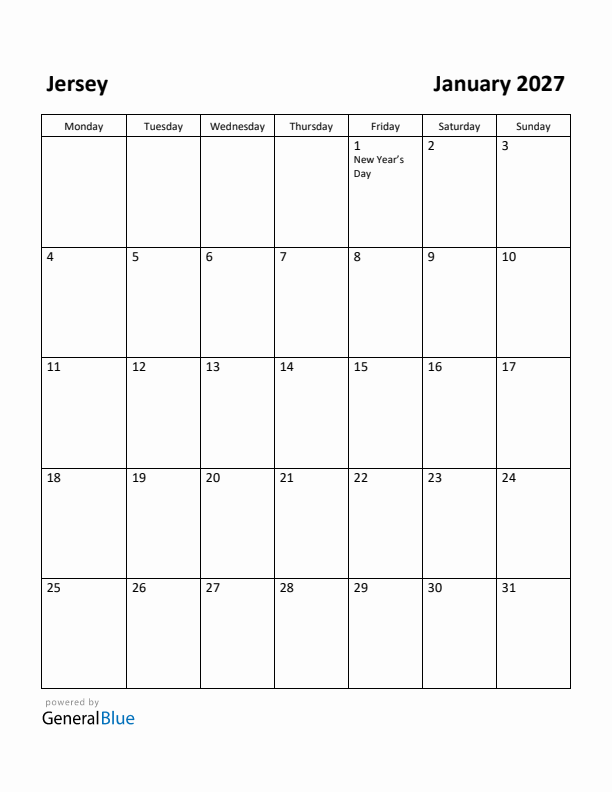 January 2027 Calendar with Jersey Holidays