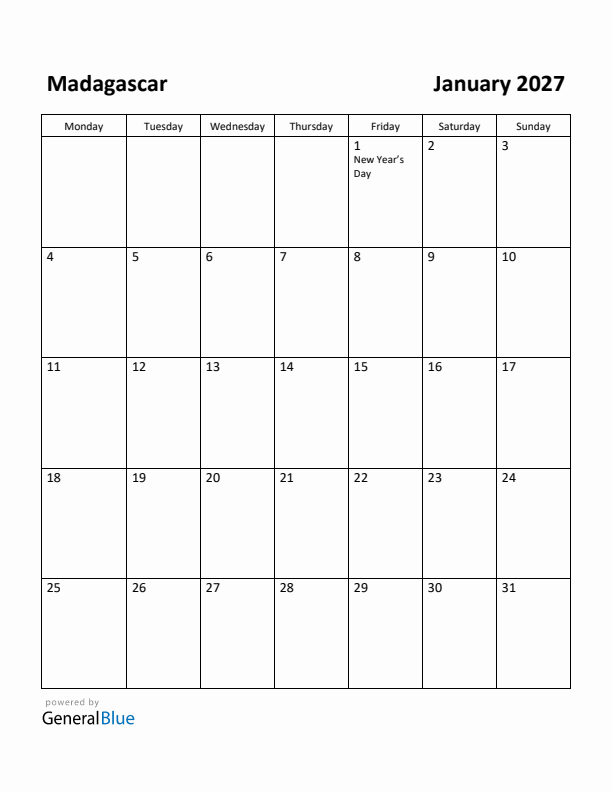 January 2027 Calendar with Madagascar Holidays