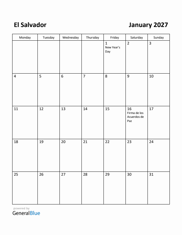 January 2027 Calendar with El Salvador Holidays