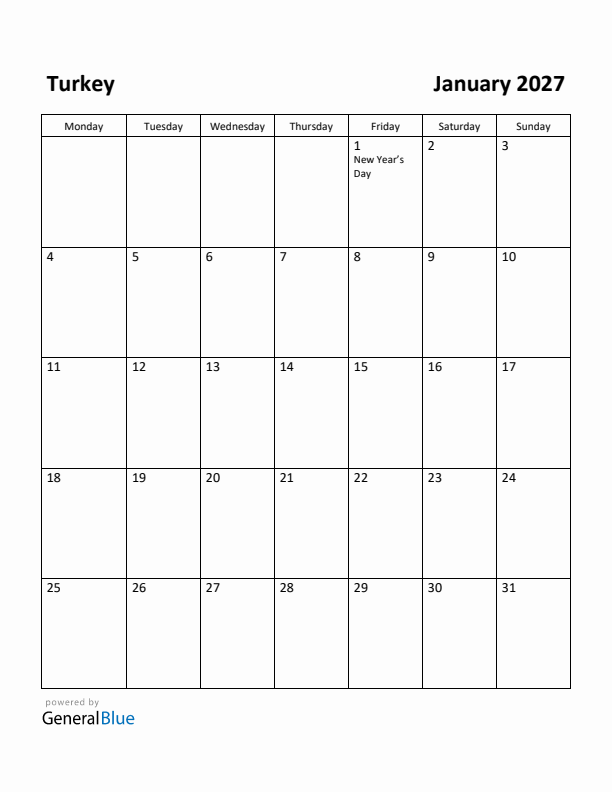 January 2027 Calendar with Turkey Holidays