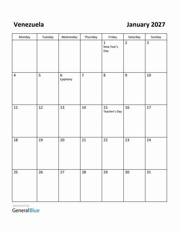 January 2027 Calendar with Venezuela Holidays