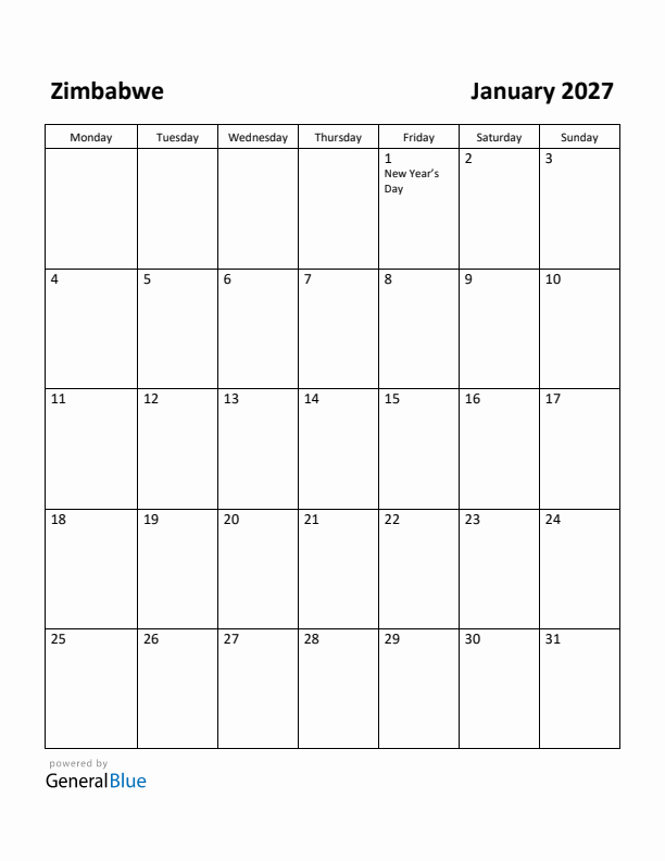 January 2027 Calendar with Zimbabwe Holidays