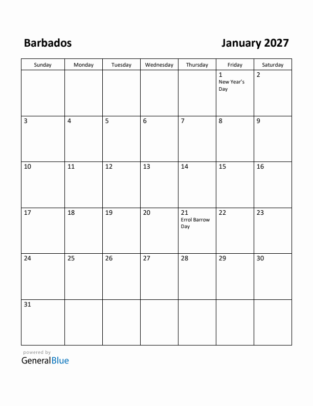 January 2027 Calendar with Barbados Holidays