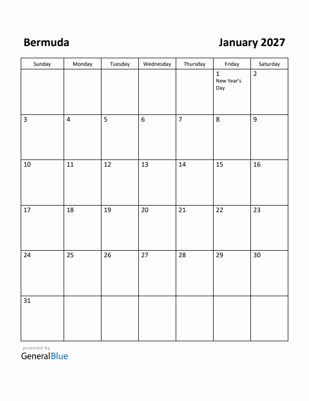 January 2027 Calendar with Bermuda Holidays