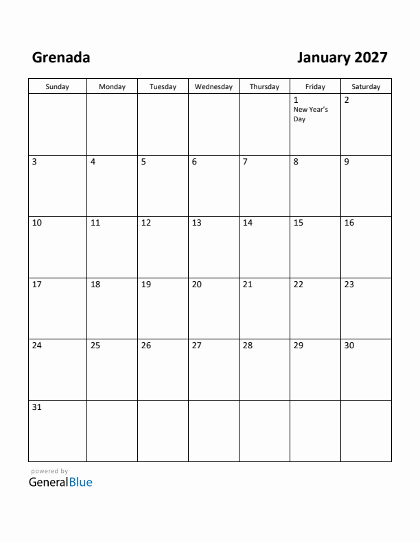 January 2027 Calendar with Grenada Holidays