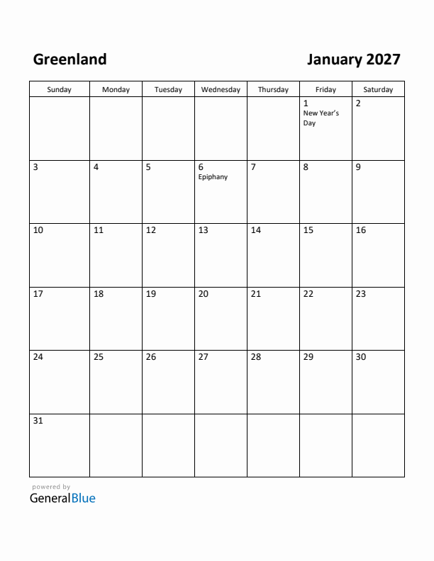 January 2027 Calendar with Greenland Holidays