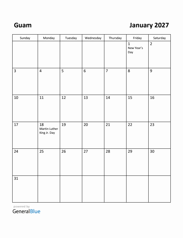 January 2027 Calendar with Guam Holidays