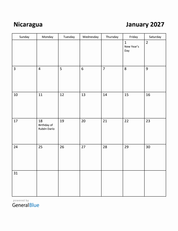 January 2027 Calendar with Nicaragua Holidays