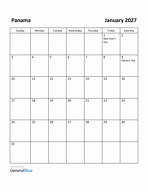 January 2027 Calendar with Panama Holidays