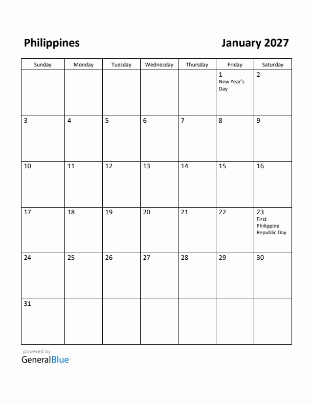 January 2027 Calendar with Philippines Holidays