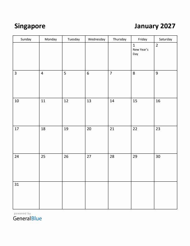 January 2027 Calendar with Singapore Holidays