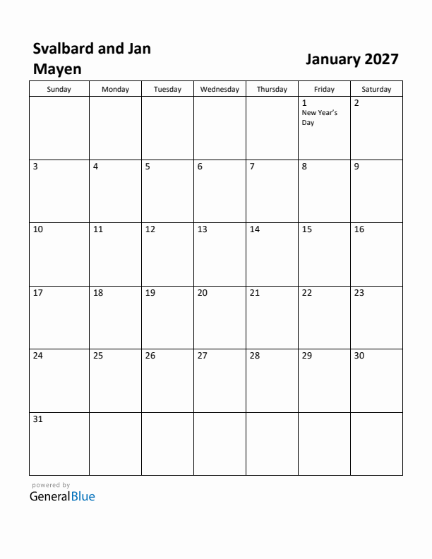 January 2027 Calendar with Svalbard and Jan Mayen Holidays