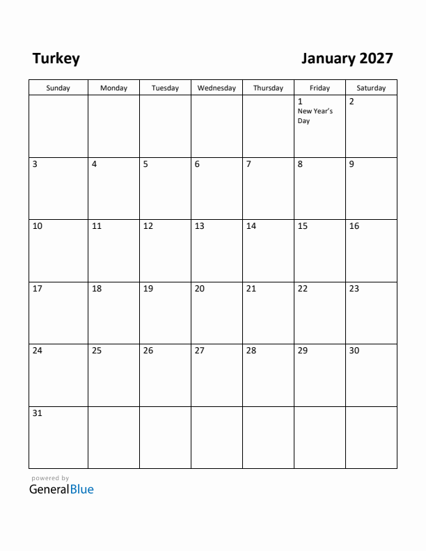 January 2027 Calendar with Turkey Holidays